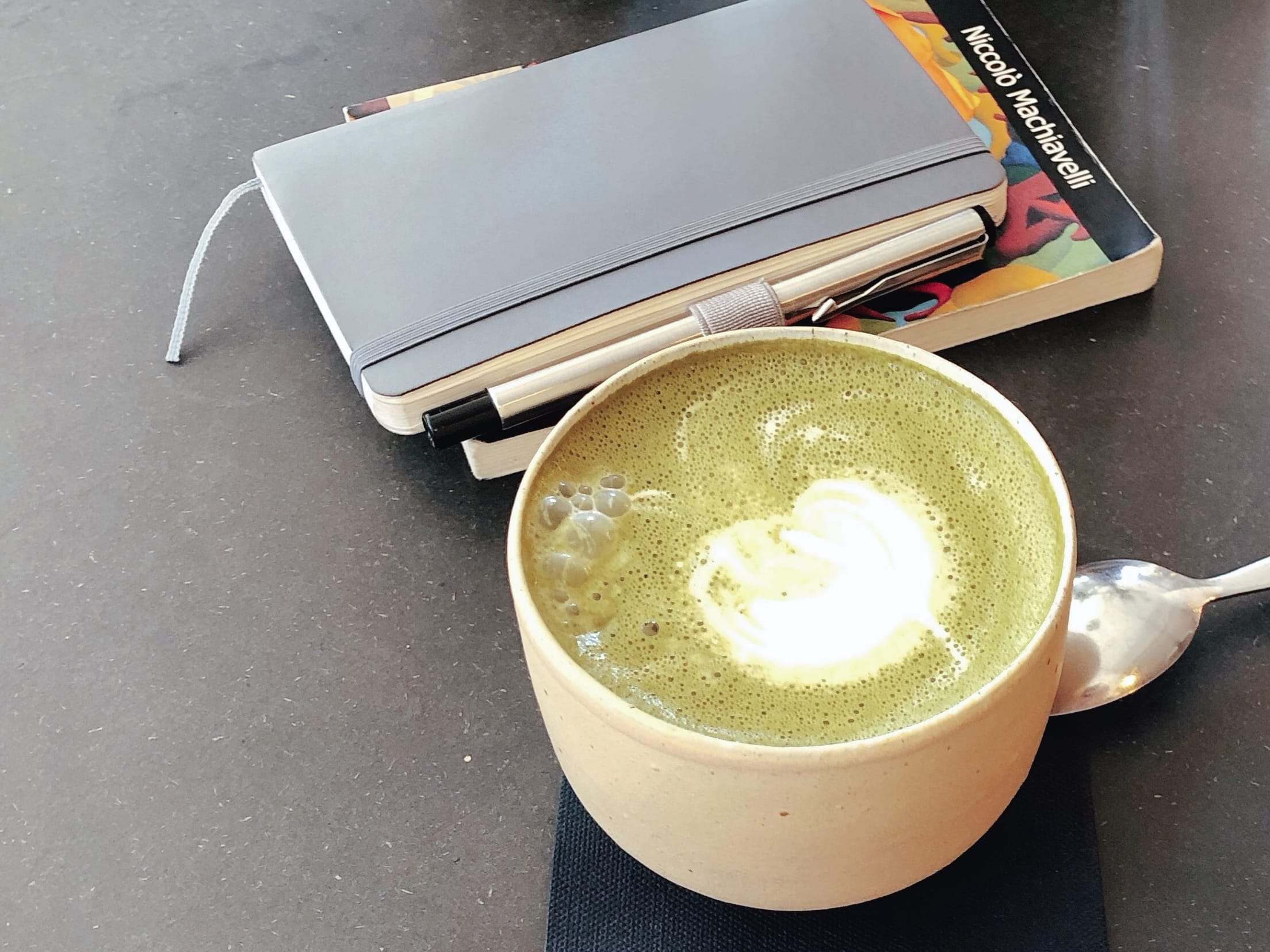 Notizbuch, Buch und Matcha-Latte