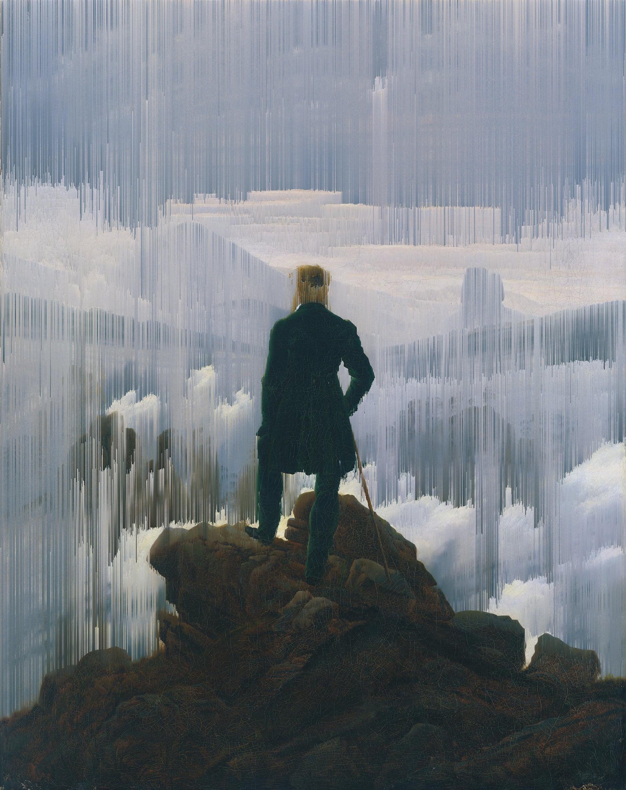 „Wanderer über dem Nebelmeer“ (Caspar David Friedrich, 1818) {Glitch}