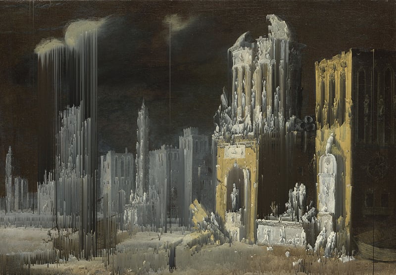 „Fantastische Ruinen mit dem heiligen Augustinus“ (François de Nomé, 1623) {Glitch}