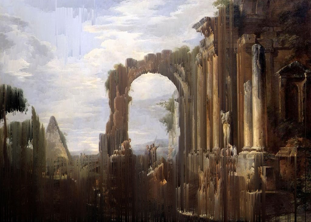 „Capriccio mit römischen Ruinen“ (Giovanni Paolo Pannini, 1730) {Glitch}
