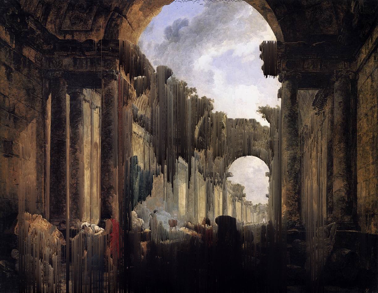 „Imaginary View of the Grande Galerie in the Louvre in Ruins“ (Hubert Robert, 1796) {Glitch}