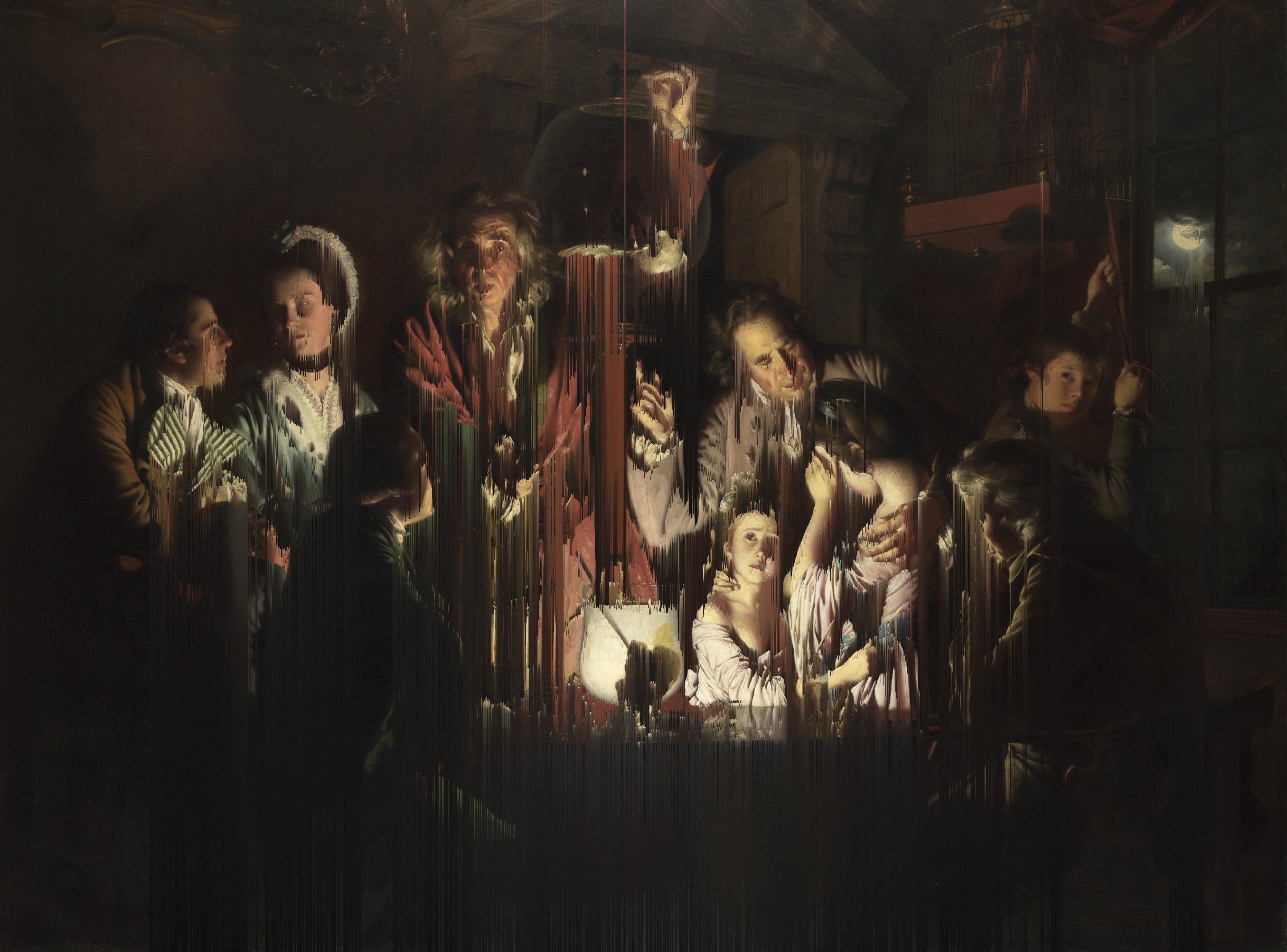 „Das Experiment mit dem Vogel in der Luftpumpe“ (Joseph Wright of Derby, 1768) {Glitch}
