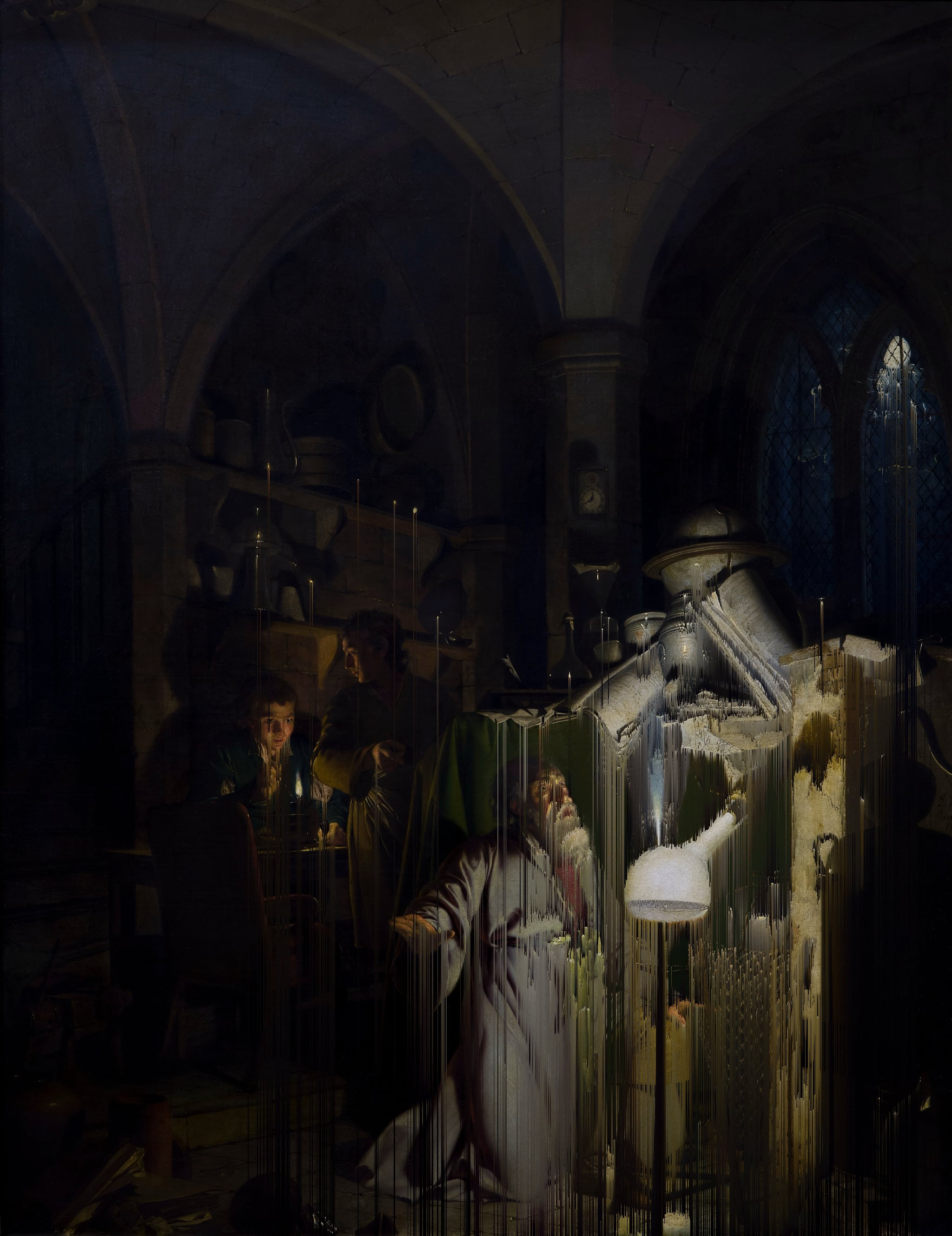 „Der Alchemist auf der Suche nach dem Stein der Weisen“ (Joseph Wright of Derby, 1771) {Glitch}