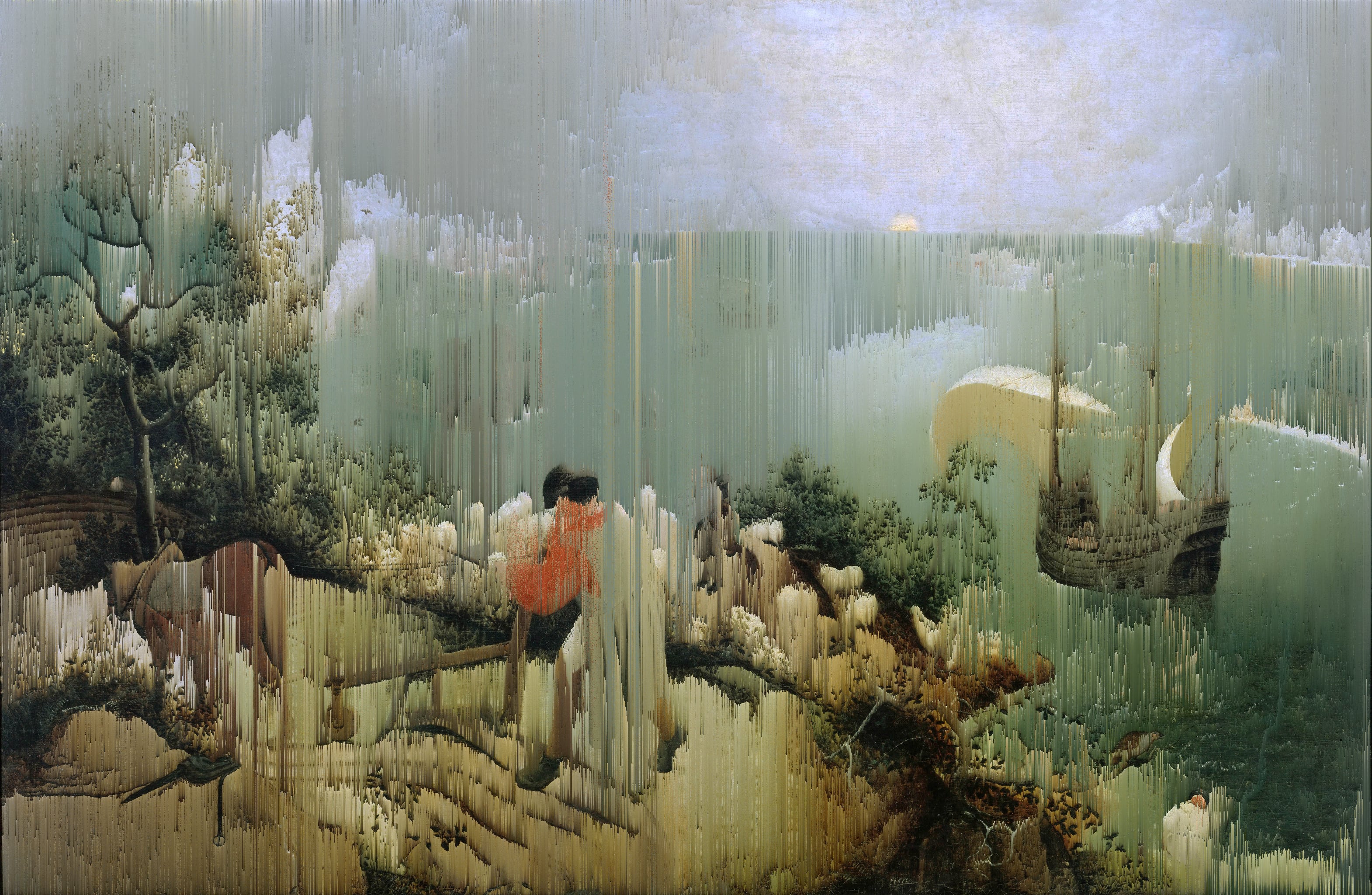„Landschaft mit Sturz des Ikarus“ (Pieter Bruegel der Ältere, ca. 1558) {Glitch}