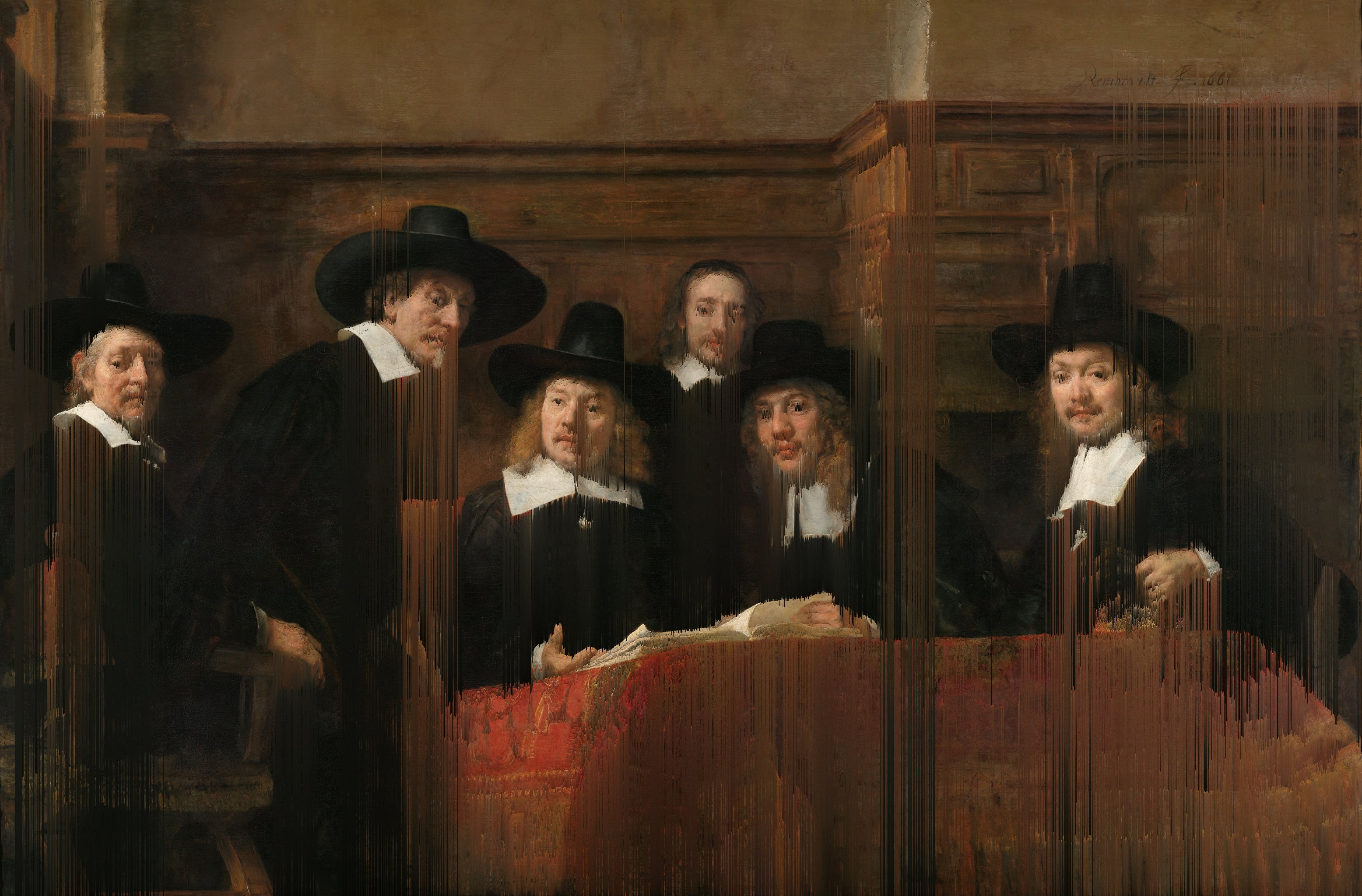 „Die Vorsteher der Tuchmacherzunft“ (Rembrandt van Rijn, 1662) {Glitch}