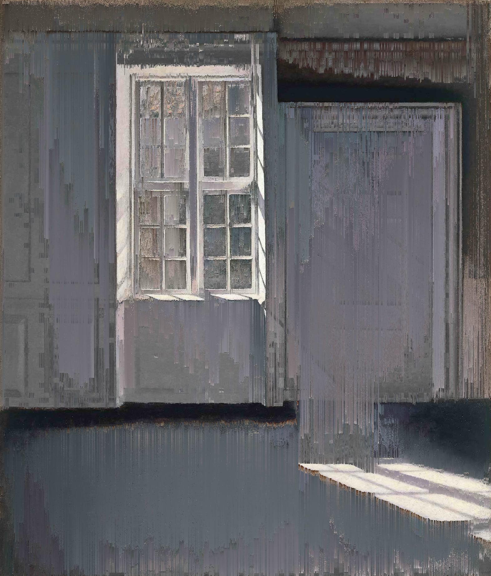 „Staubpartikel tanzen in den Sonnenstrahlen“ (Vilhelm Hammershøi, 1900) {Glitch}
